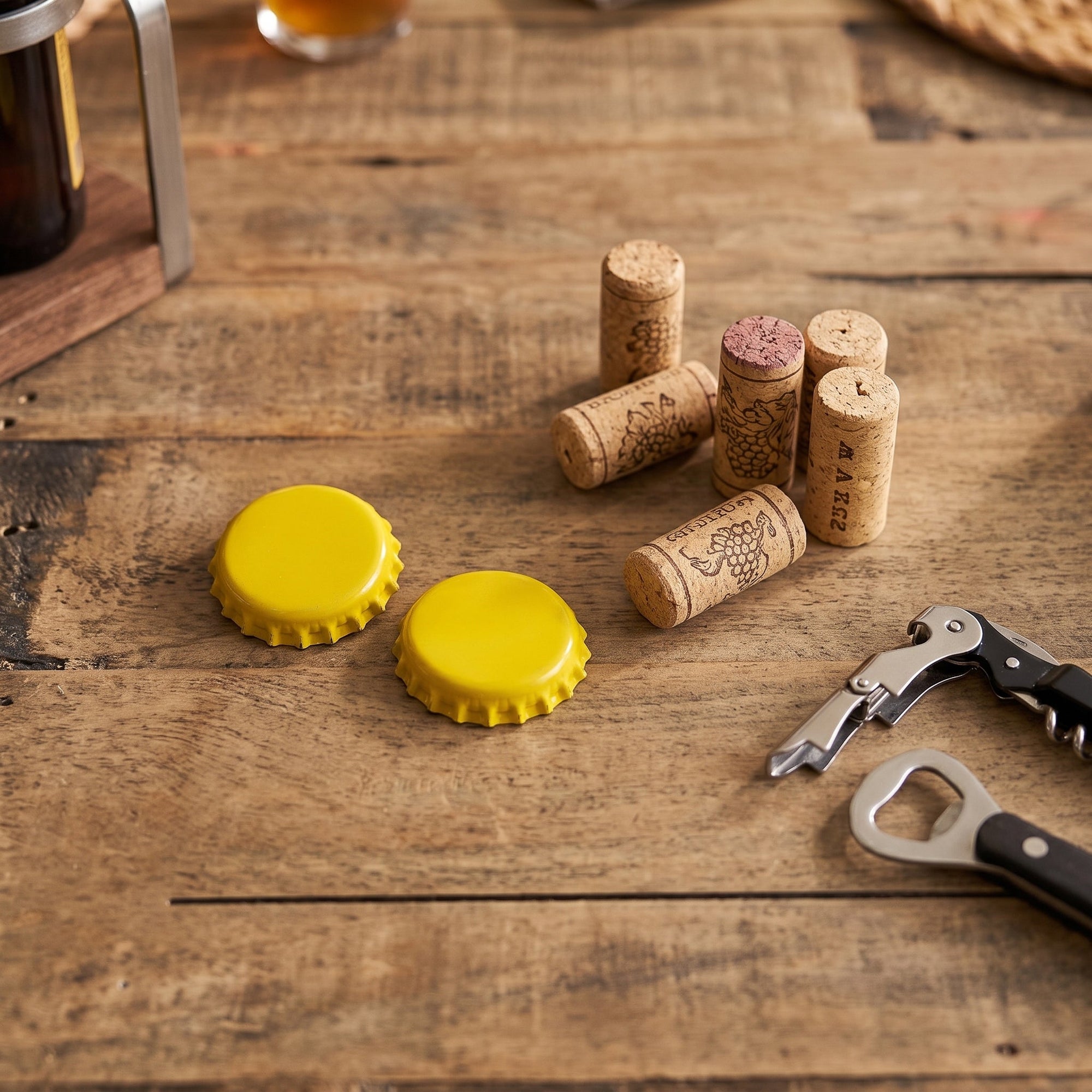 Beer caps and wine corks on a wood kitchen counter