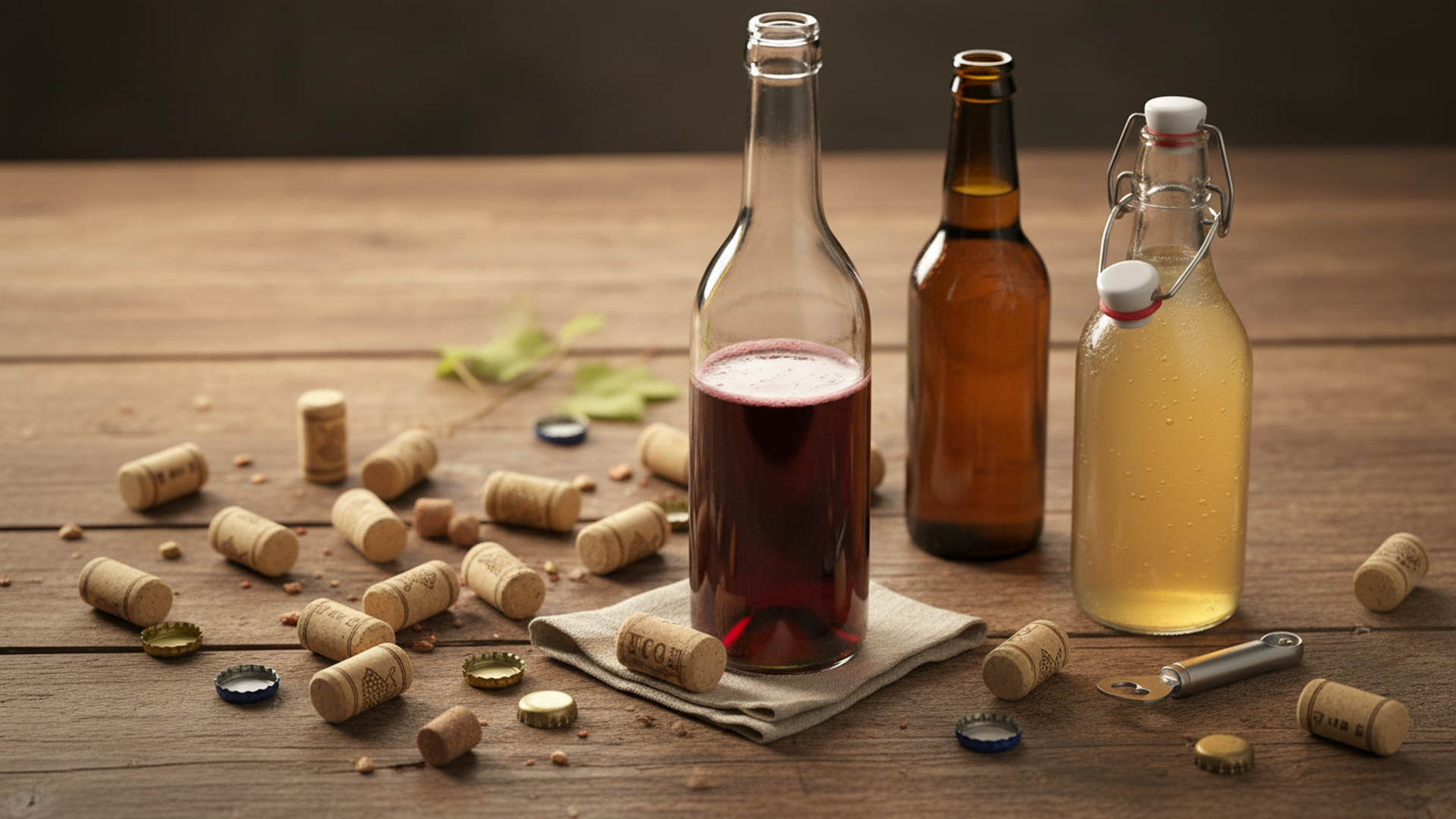 Beer caps and wine corks on a wood kitchen counter