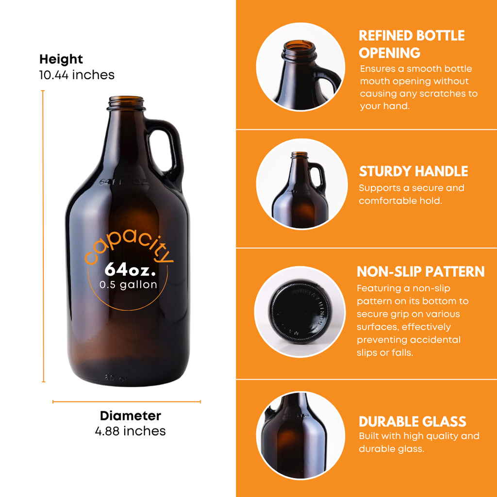 Six 64 oz amber growler jugs from FastBrewing, ideal for homebrewing and winemaking, shown in a case of six.