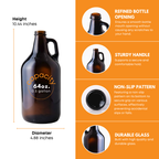 Six 64 oz amber growler jugs from FastBrewing, ideal for homebrewing and winemaking, shown in a case of six.