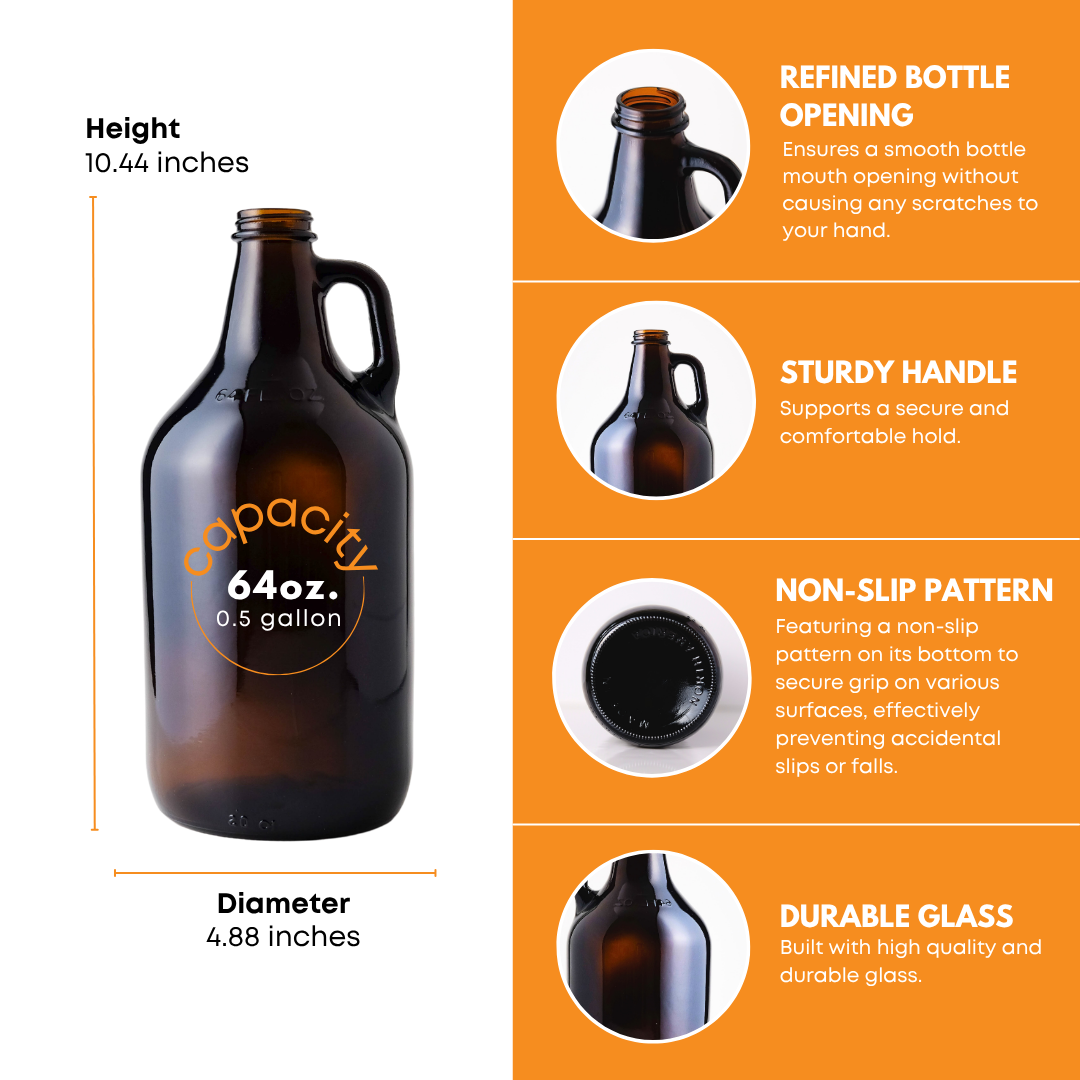 Six 64 oz amber growler jugs from FastBrewing, ideal for homebrewing and winemaking, shown in a case of six.