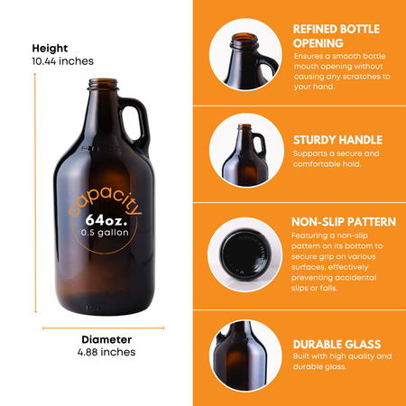 Six 64 oz amber growler jugs from FastBrewing, ideal for homebrewing and winemaking, shown in a case of six.