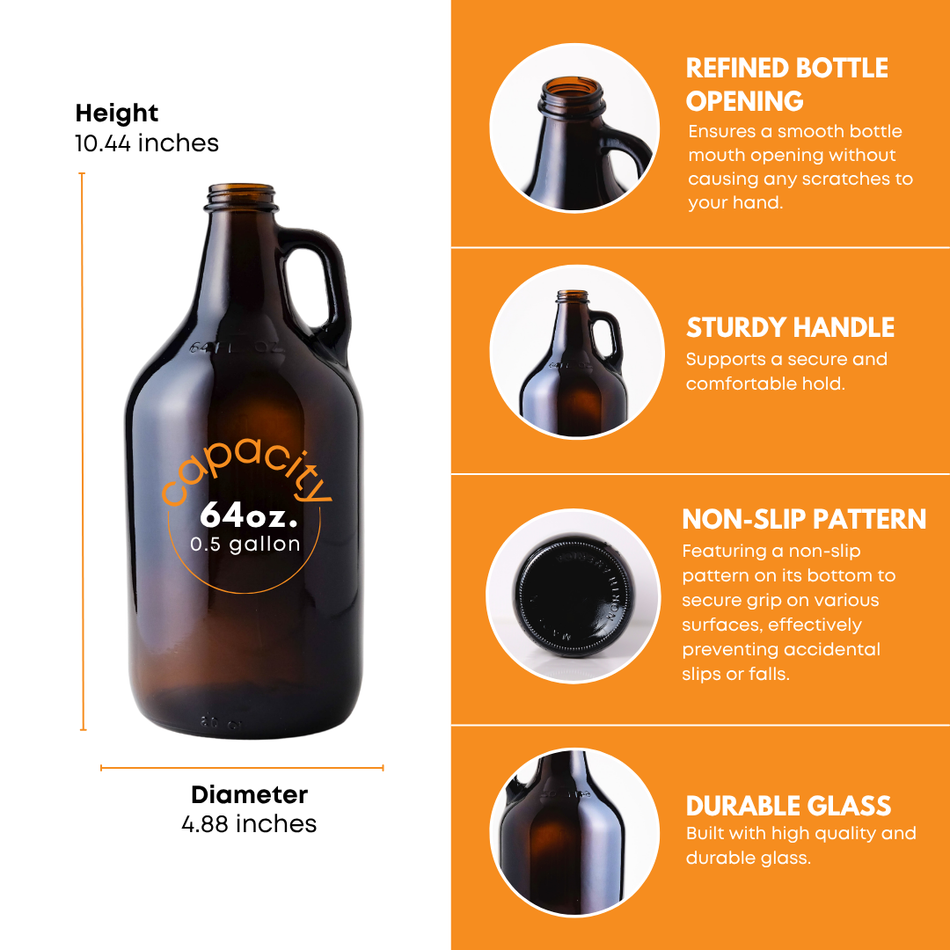 FastBrewing 64 oz amber glass growler jugs for homebrewing and winemaking, shown filled with beverage and sealed for freshness.
