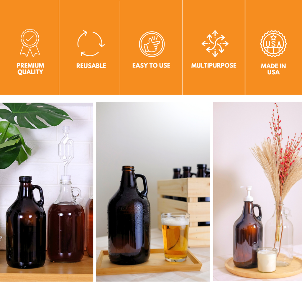 Six 64 oz amber glass growler jugs for homebrewing and winemaking by FastBrewing, displayed in a case.