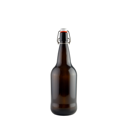 A pallet of 1,827 16 oz amber swing top bottles by FastBrewing for homebrewing and winemaking, stacked for bulk storage.