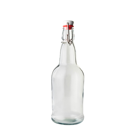 Set of 16 oz clear amber swing top bottles for homebrewing and winemaking, shown on a pallet with 1890 bottles.
