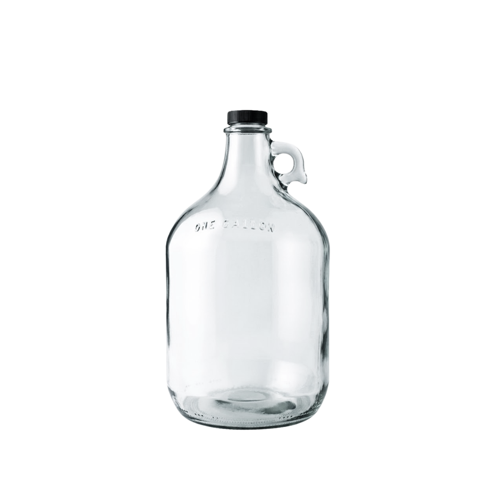 Clear glass 1-gallon jug with polyseal cap for homebrewing and winemaking, suitable for bulk storage from FastBrewing.
