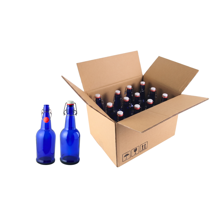 Set of 12 33 oz blue Swing Top bottles from FastBrewing in a cardboard box with dividers for homebrewing and winemaking.