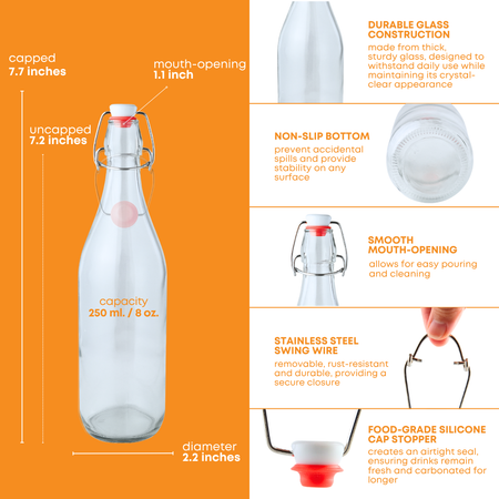 Set of 8.5 oz clear Swing Top Bottles by FastBrewing, slim design, perfect for homebrewing or winemaking, on a pallet.