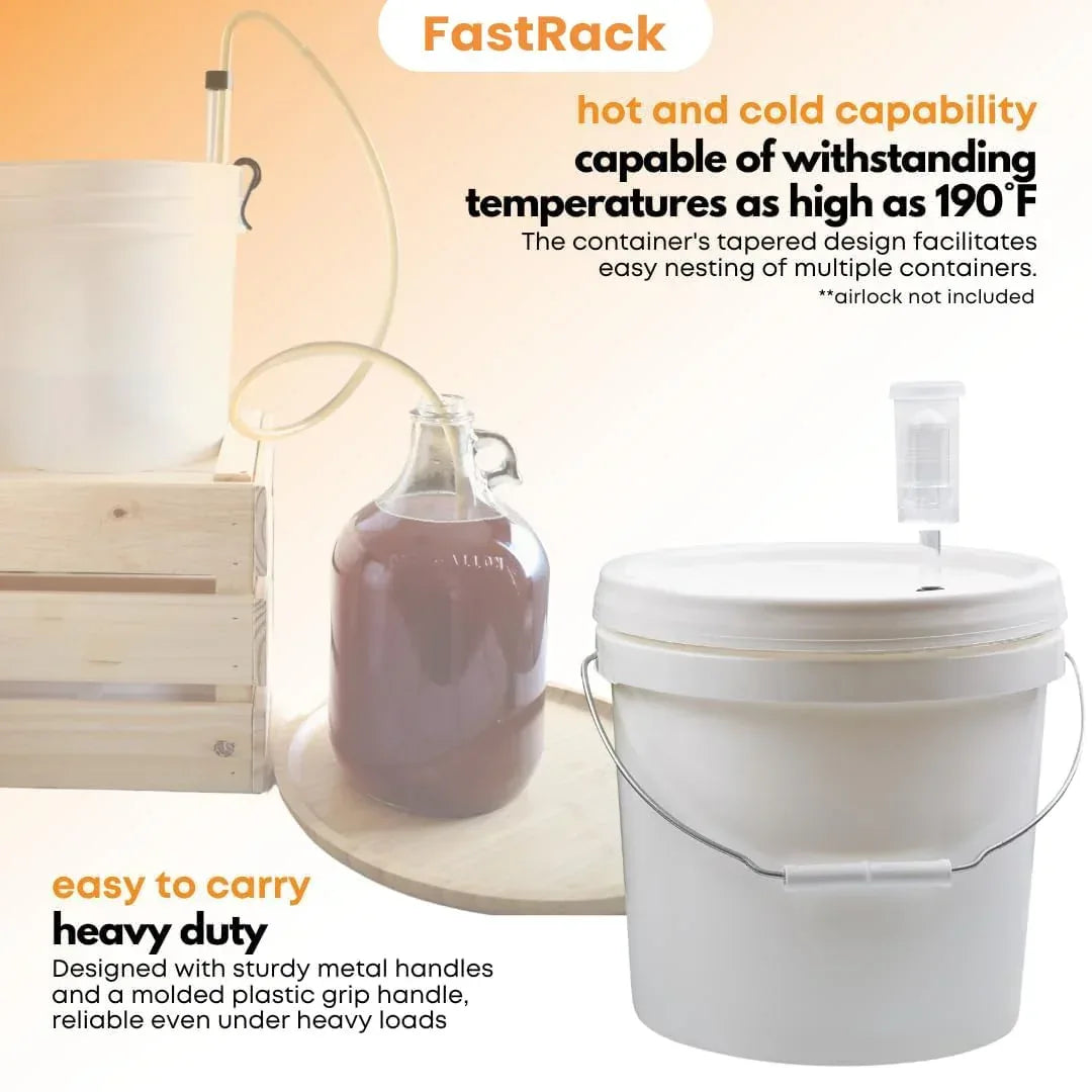 2-gallon fermentation bucket with lid from FastRack, shown in box, ideal for home brewing and fermentation processes.