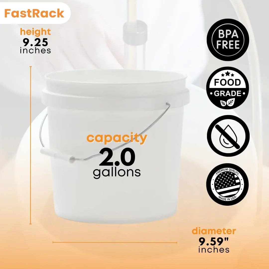 Two-gallon fermentation bucket with lid from FastRack, shown in a box for home brewing or fermenting projects.