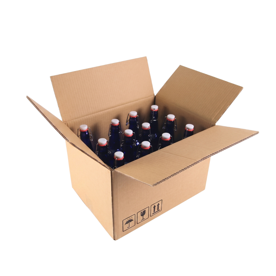 Two 33 oz blue swing top bottles from FastBrewing in a cardboard case with dividers, used for homebrewing and winemaking.