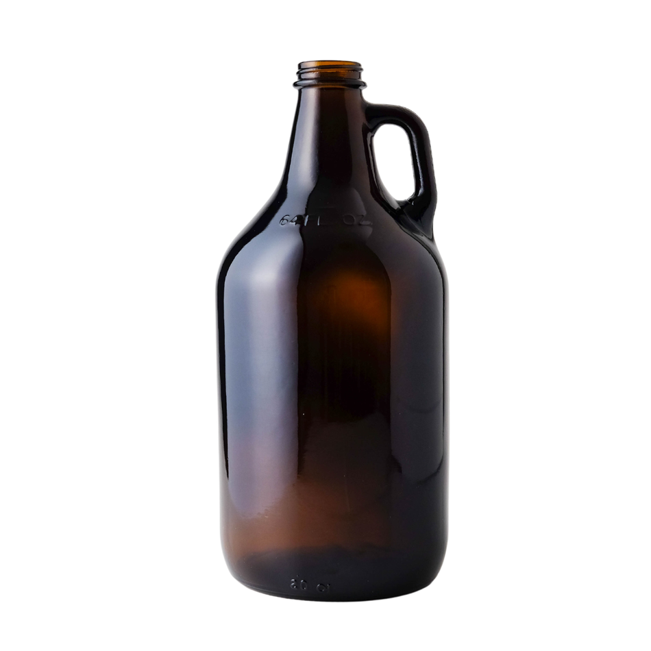 Two 64 oz amber glass growler jugs from FastBrewing, ideal for homebrewing and winemaking, with secure caps and handles.