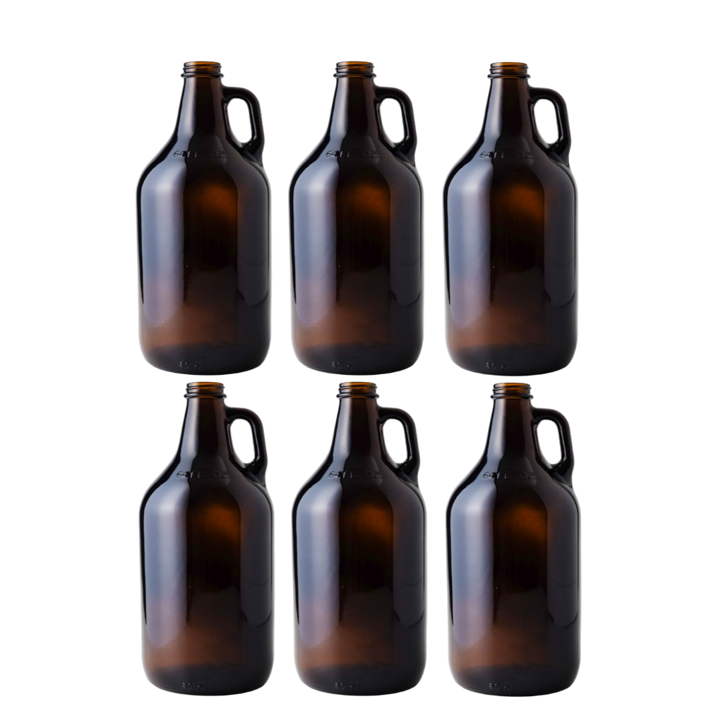 Six 64 oz amber growler jugs from FastBrewing for homebrewing and winemaking, shown with secure caps and sturdy handles.