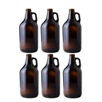 Six 64 oz amber growler jugs from FastBrewing for homebrewing and winemaking, shown with secure caps and sturdy handles.