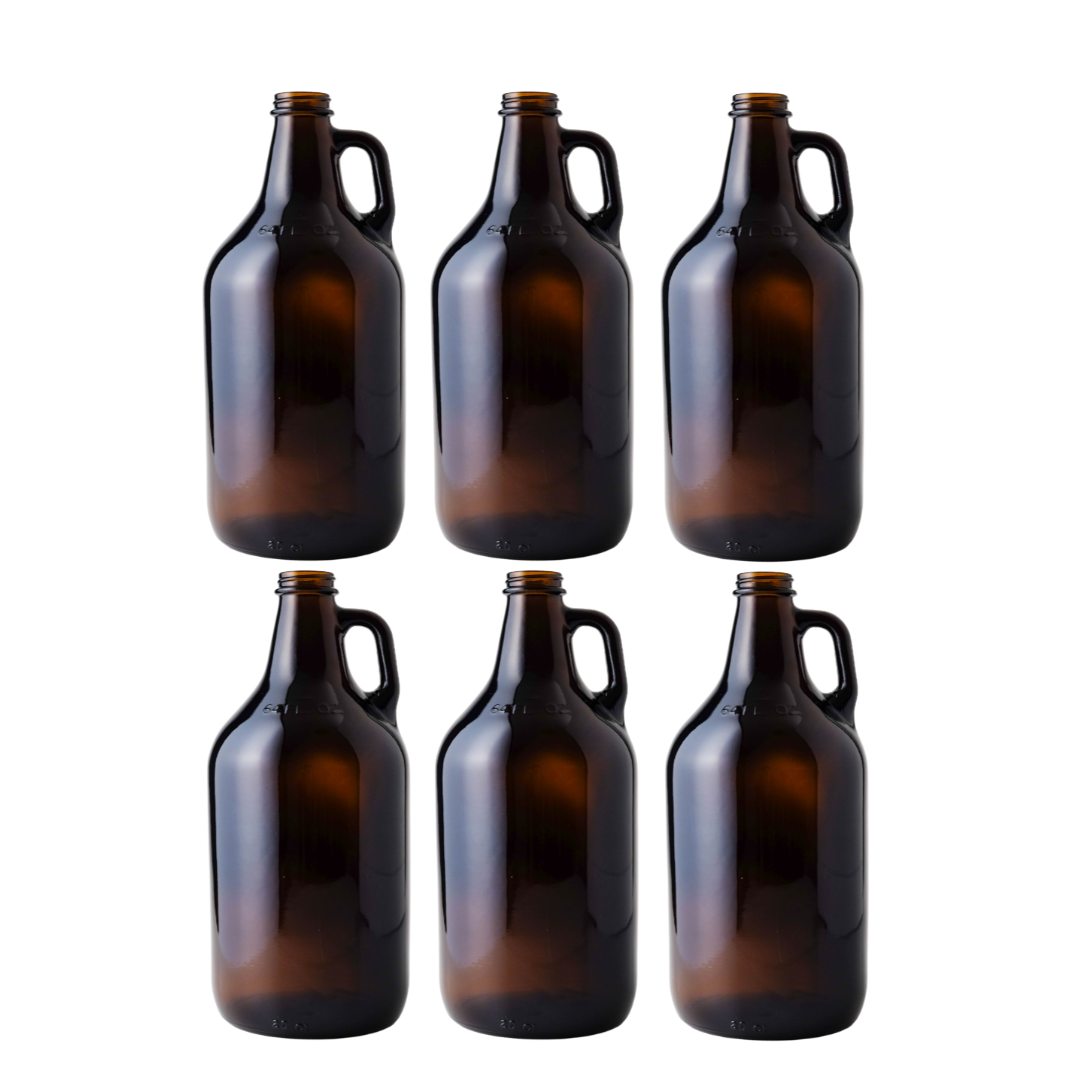 Six 64 oz amber growler jugs from FastBrewing for homebrewing and winemaking, shown with secure caps and sturdy handles.