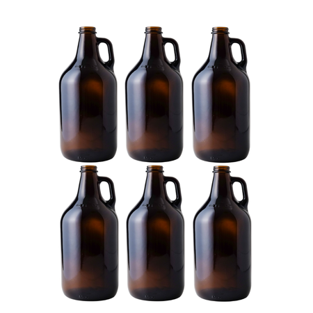 Six 64 oz amber growler jugs from FastBrewing for homebrewing and winemaking, shown with secure caps and sturdy handles.