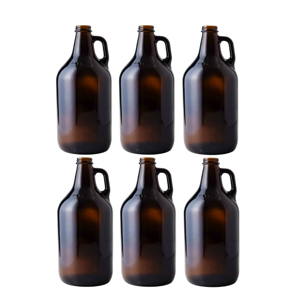 Six 64 oz amber growler jugs from FastBrewing for homebrewing and winemaking, shown with secure caps and sturdy handles.