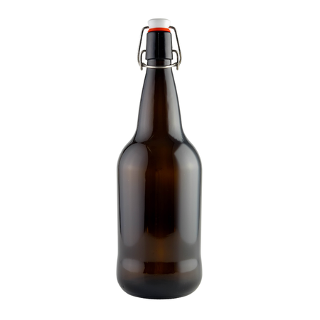 Set of 33 oz amber swing top bottles from FastBrewing, ideal for homebrewing and winemaking, shown on a pallet.
