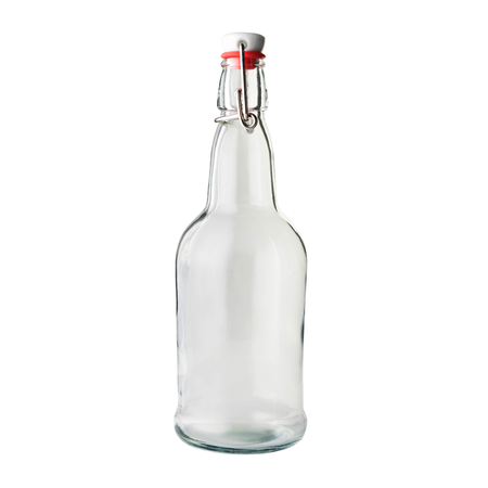 Set of 33 oz clear amber swing top bottles for homebrewing and winemaking, shown in a pallet of 1116 bottles by FastBrewing.