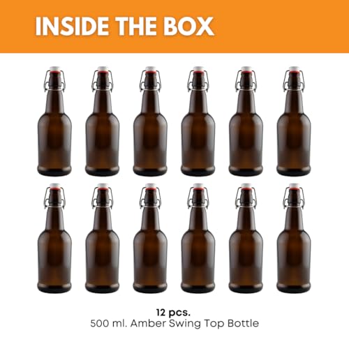 Set of 12 FastRack amber swing top bottles, 500ml capacity, with secure metal caps, ideal for beverages or storage.