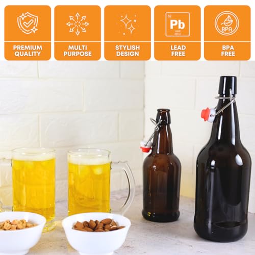 Set of 12 FastRack amber swing top bottles, 500ml each, with secure caps, ideal for beverages or storage.