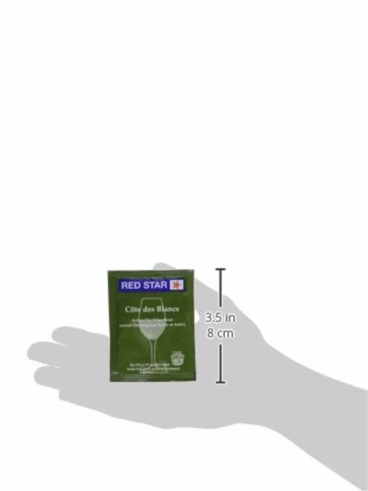 Red Star Premier Cote des Blancs wine yeast packet by FastRack, showing a 5g sachet with branding and product label.