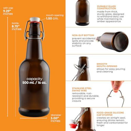 Set of 12 FastRack Amber Swing Top Bottles, 500ml each, with secure metal caps, ideal for beverages or storage.