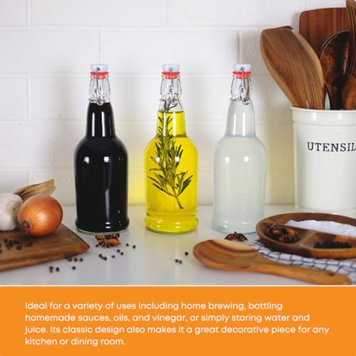 Set of 12 FastRack amber swing top bottles, 500ml capacity, with secure closures, ideal for beverages or storage.