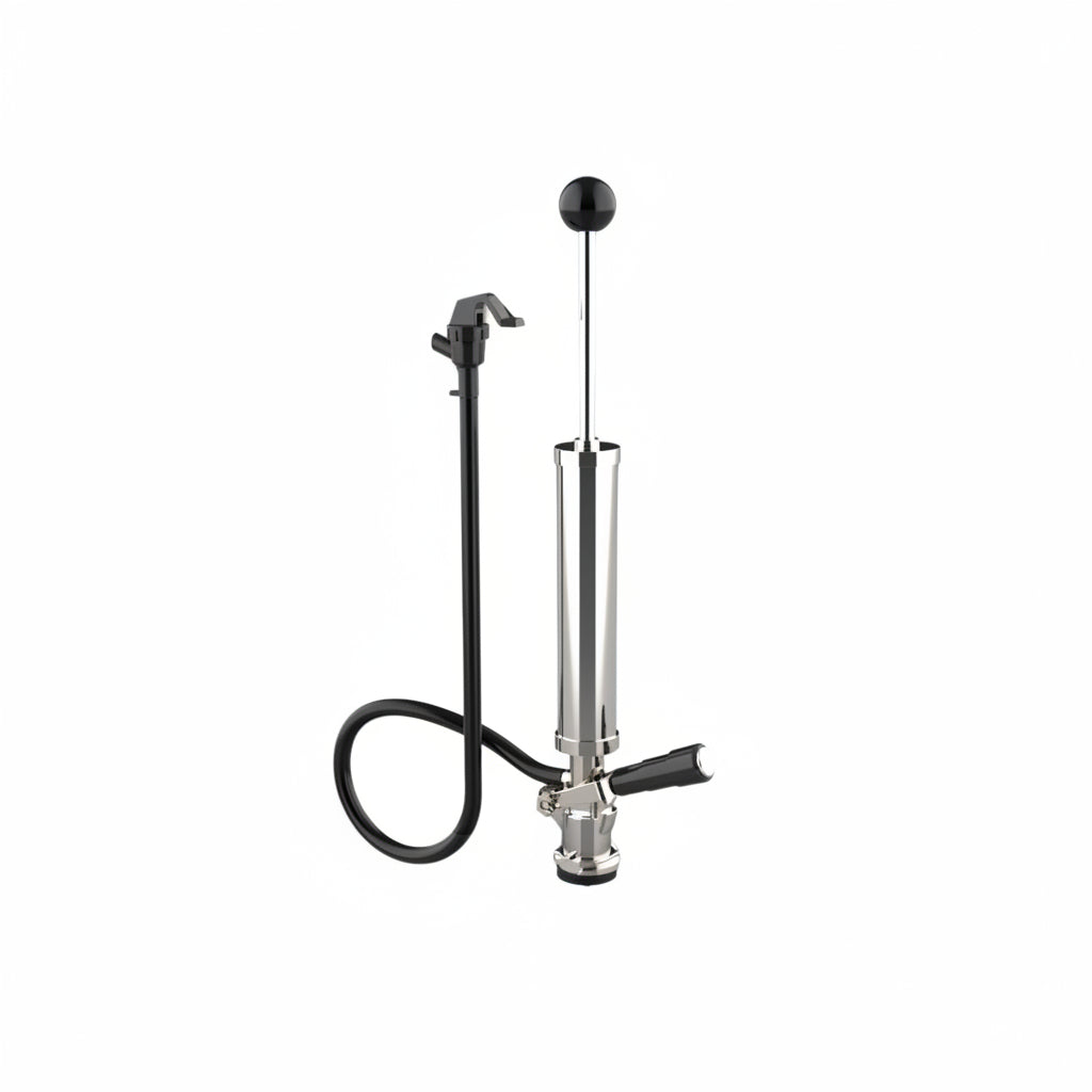 FastRack 8-inch D-type manual keg pump with hose and coupler for efficient beer dispensing.