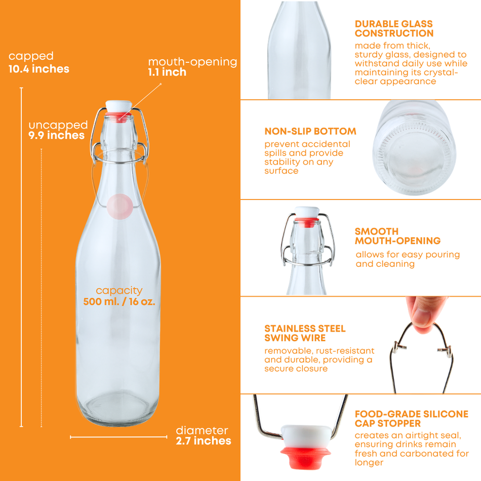 Set of 16 oz clear swing top bottles for homebrewing and winemaking, featuring a slim design and metal clasp closure.