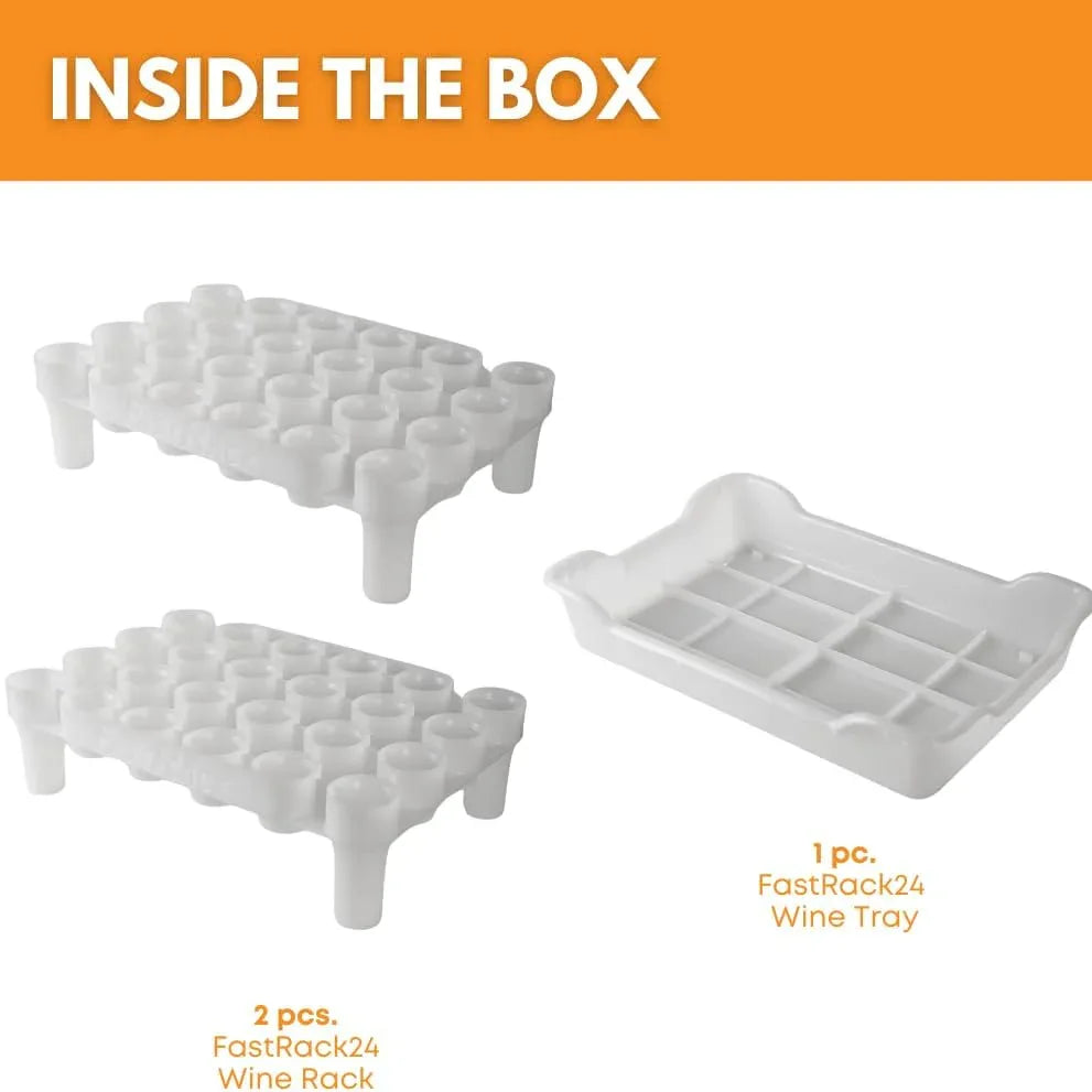 FastRack 24-bottle drying rack with tray for drying and organizing wine or beverage bottles in the kitchen or pantry.