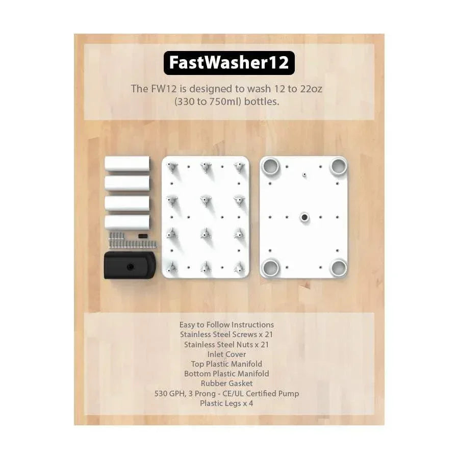 FastWasher 12 beer and wine bottle cleaner, compact bottle washer with brushes and nozzles for thorough cleaning.