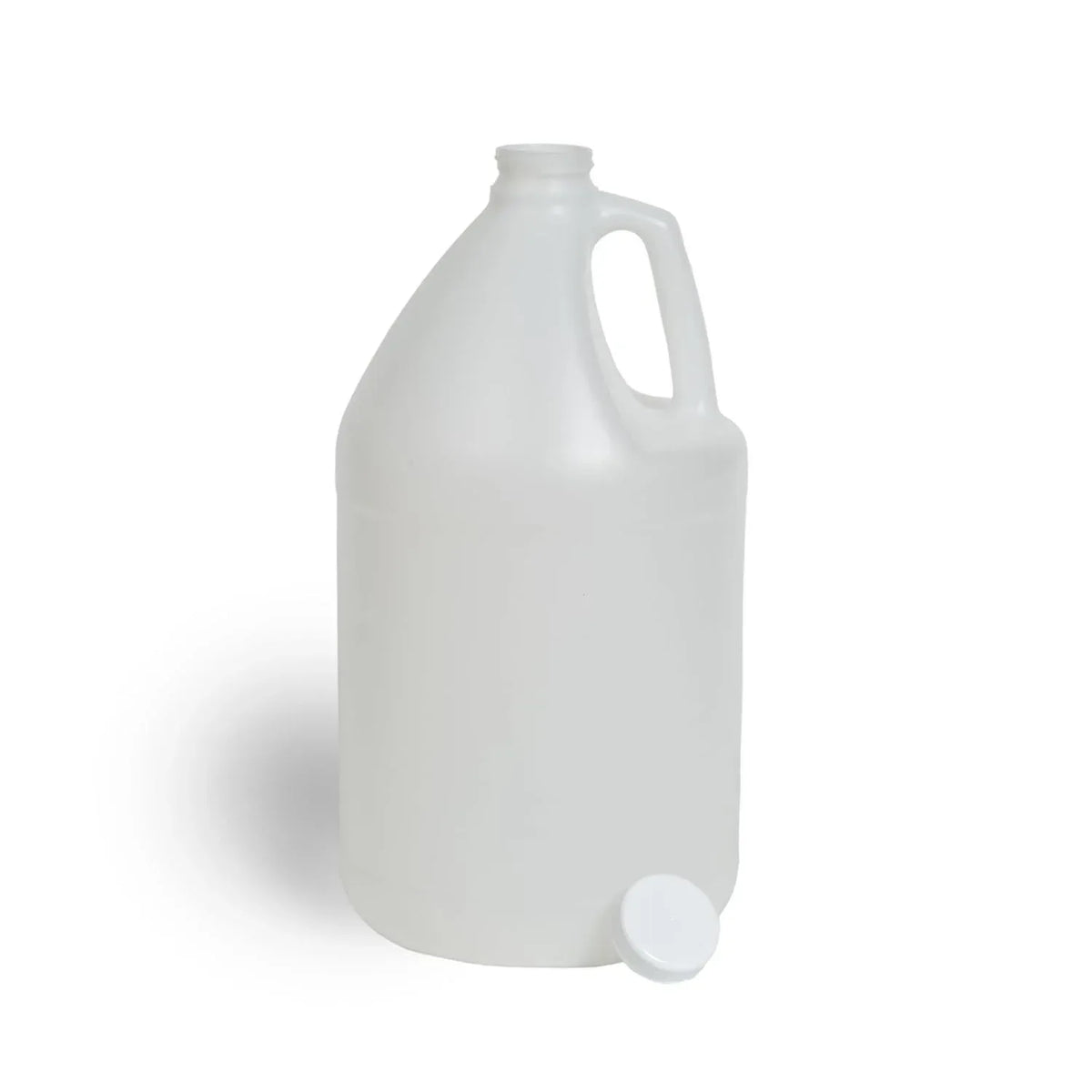 FastRack 1-gallon round plastic jug with lid, durable container for liquids, shown with secure screw-on lid and sturdy handle.