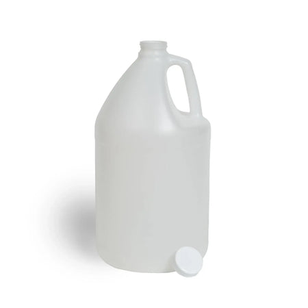 FastRack 1-gallon round plastic jug with lid, durable container for liquids, shown with secure screw-on lid and sturdy handle.