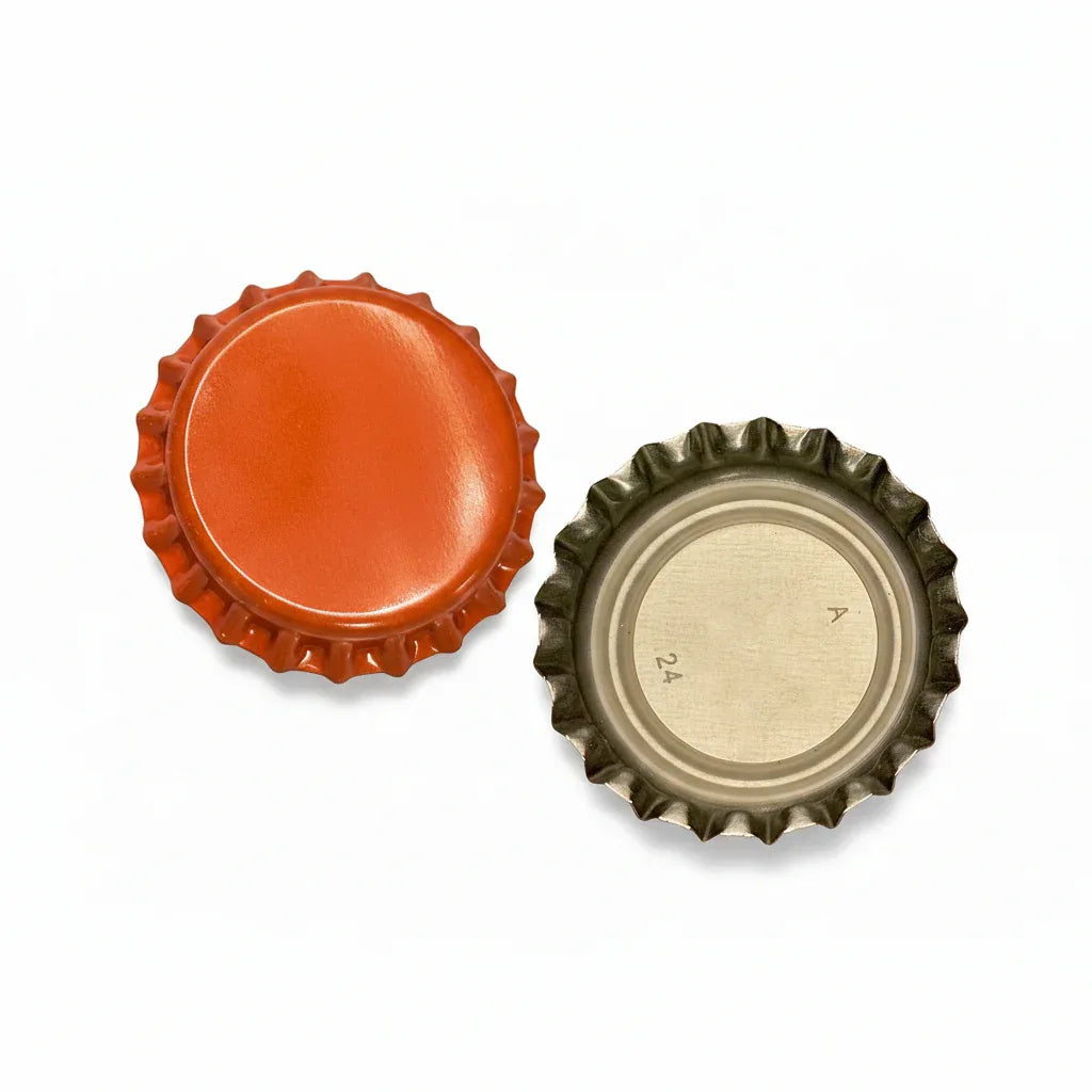 FastRack oxygen absorbing orange beer bottle caps showing sealed caps with orange tops and branding for fresh beer preservation.