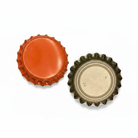 FastRack oxygen absorbing orange beer bottle caps showing sealed caps with orange tops and branding for fresh beer preservation.