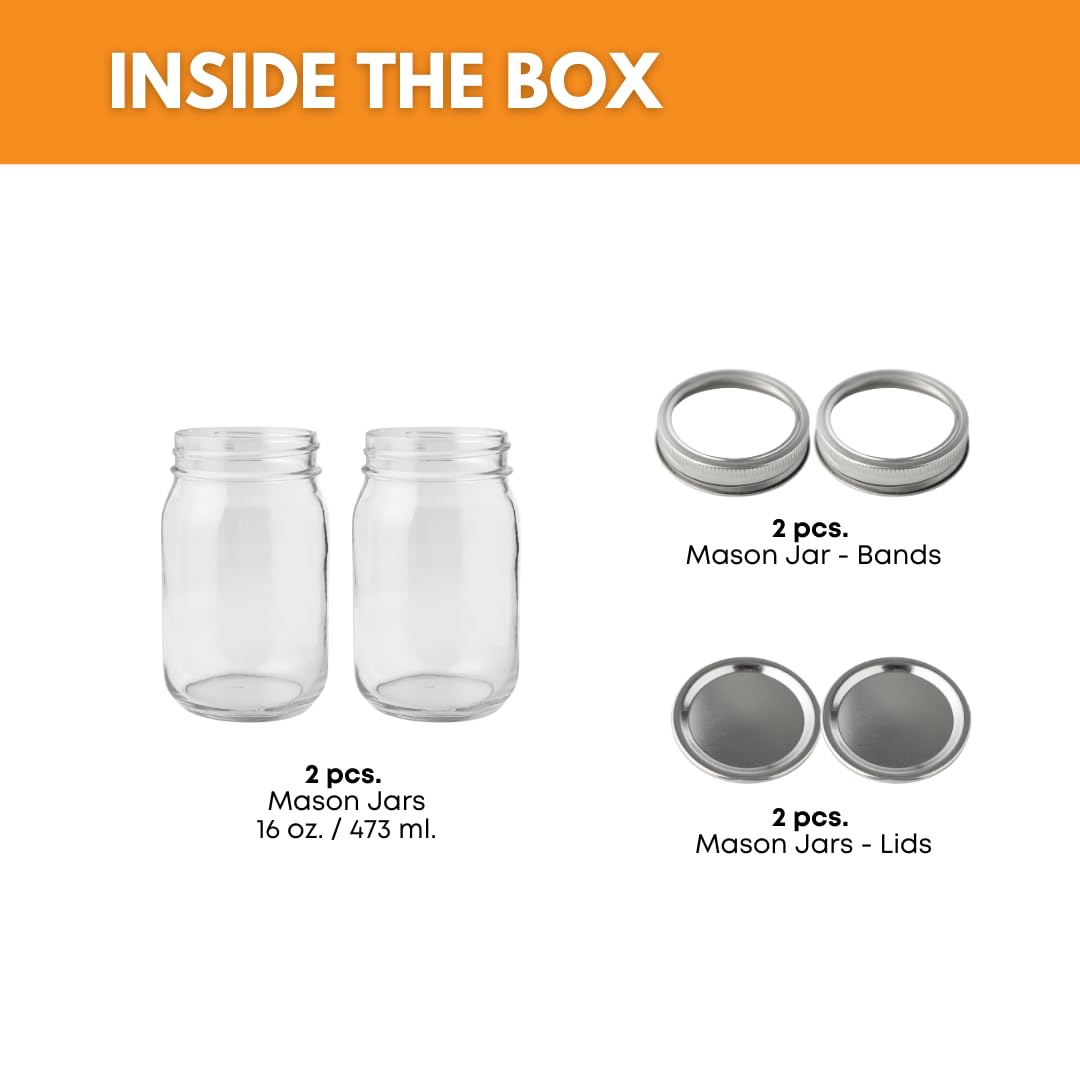 FastRack Glass Mason Jars 16 oz - Pack of 2