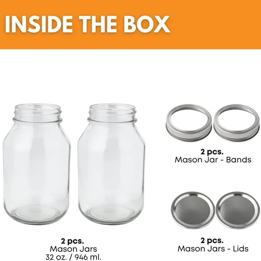 Two 32oz FastRack glass mason jars with metal lids, showcasing clear, sturdy storage jars perfect for canning and preserving.