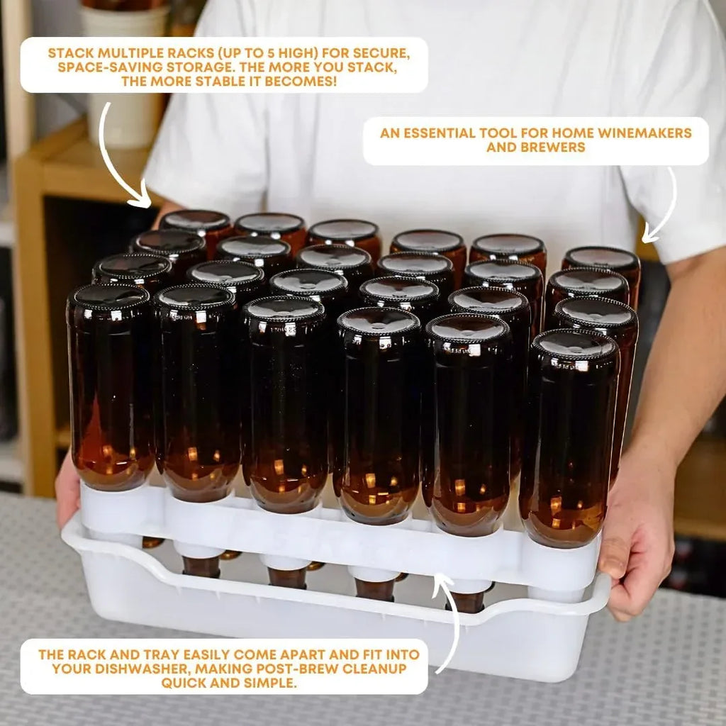 FastRack 24-bottle drying rack with tray for air drying wine bottles, made of durable metal and plastic components.