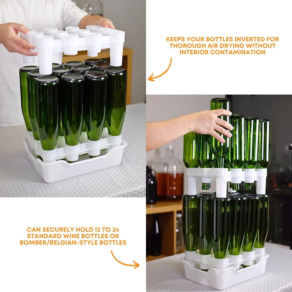 FastRack 12-bottle drying rack with tray for drying and draining wine or beverage bottles in a kitchen or bar setting.