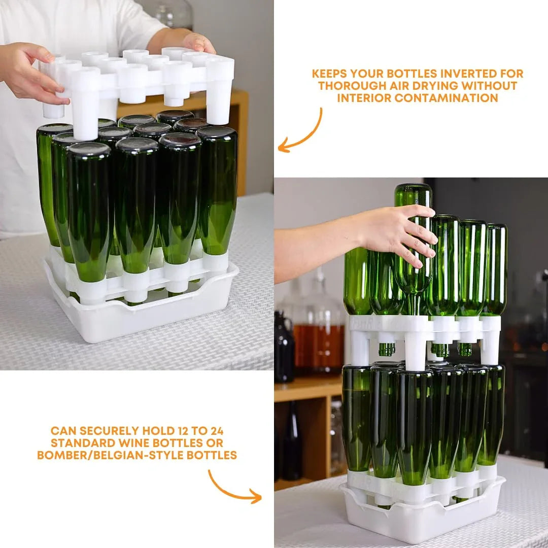 FastRack 12-bottle drying rack with tray for drying and draining wine or beverage bottles in a kitchen or bar setting.