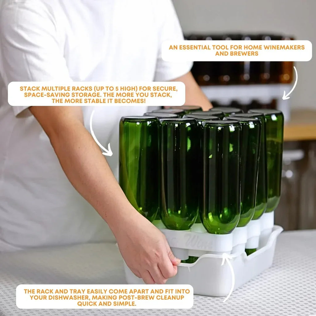 FastRack 12-bottle drying rack with tray, made of metal, holding clean glass bottles for drying and storage.