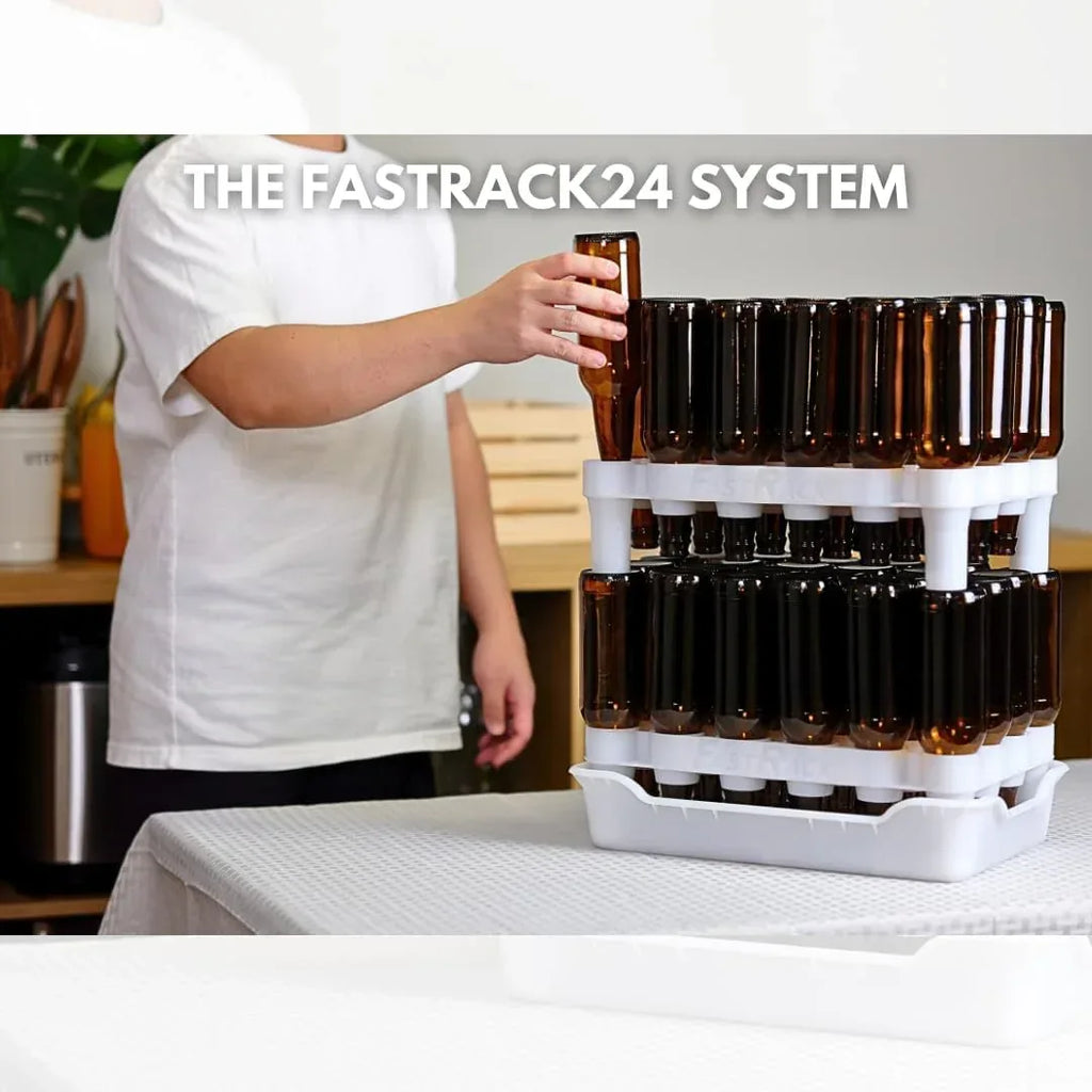 FastRack 24-bottle drying rack with tray for drying and draining wine bottles in a kitchen or wine cellar.