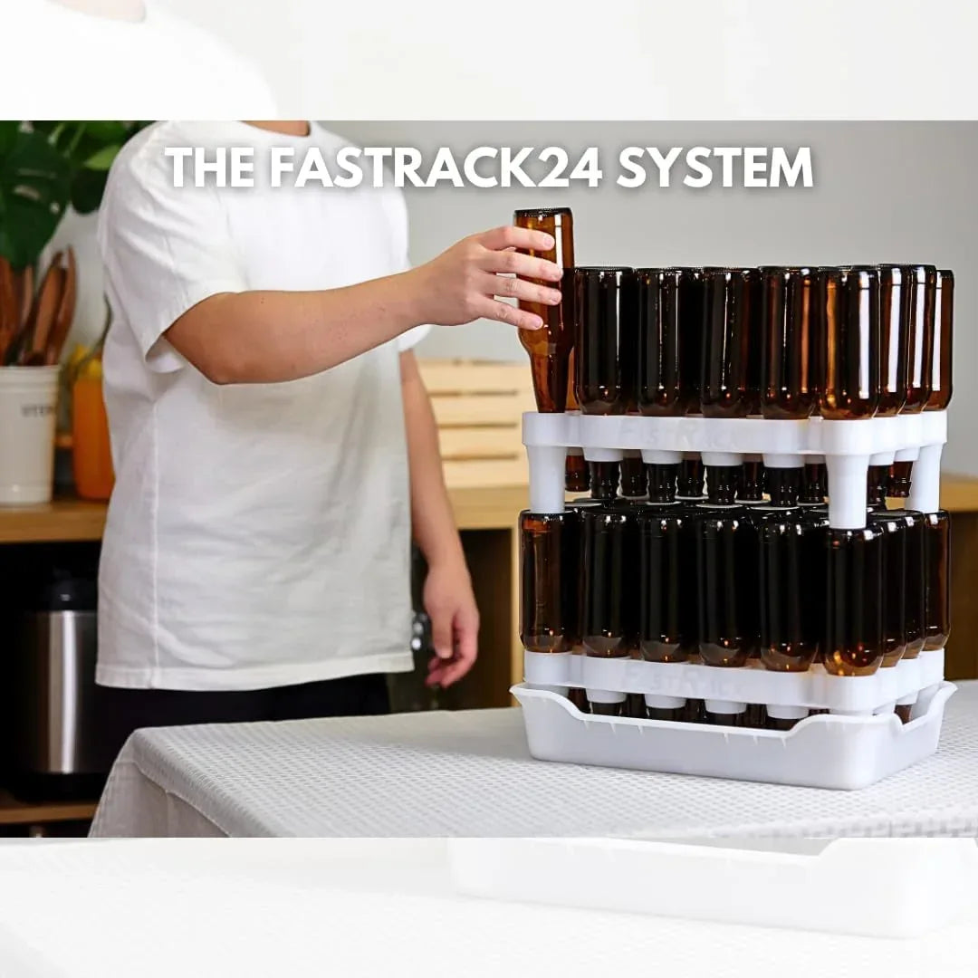 FastRack 24-bottle drying rack with tray for drying and draining wine bottles in a kitchen or wine cellar.
