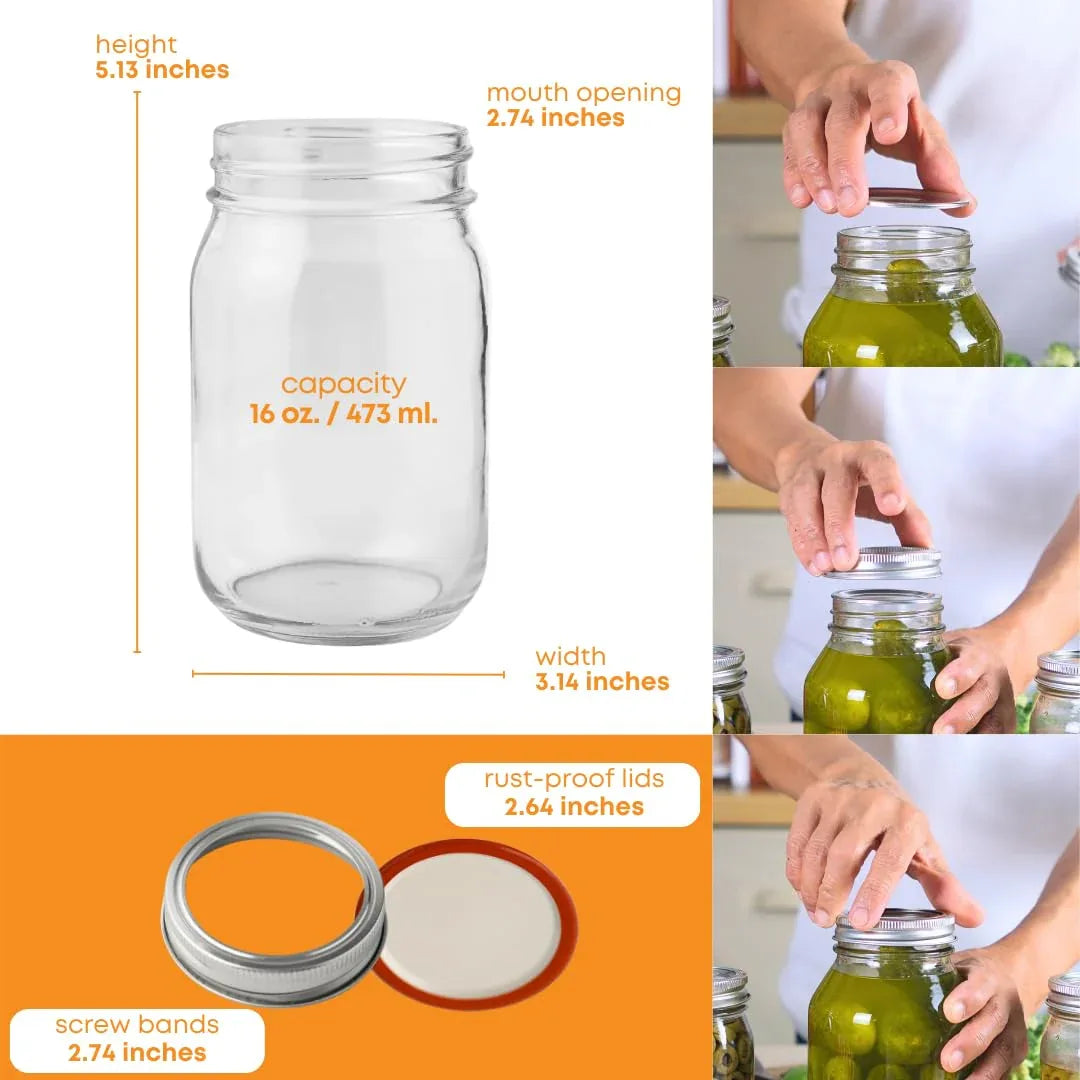 Two 16 oz FastRack glass mason jars with metal lids, showcasing clear glass and sturdy construction.