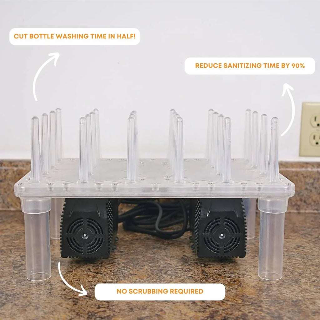 FastWasher 24 beer and wine bottle cleaner, compact bottle washer with brushes and nozzles for thorough cleaning.