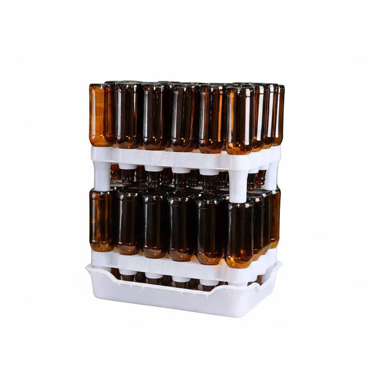 FastRack 24-bottle drying rack with tray, stainless steel frame for drying wine bottles and kitchen utensils.