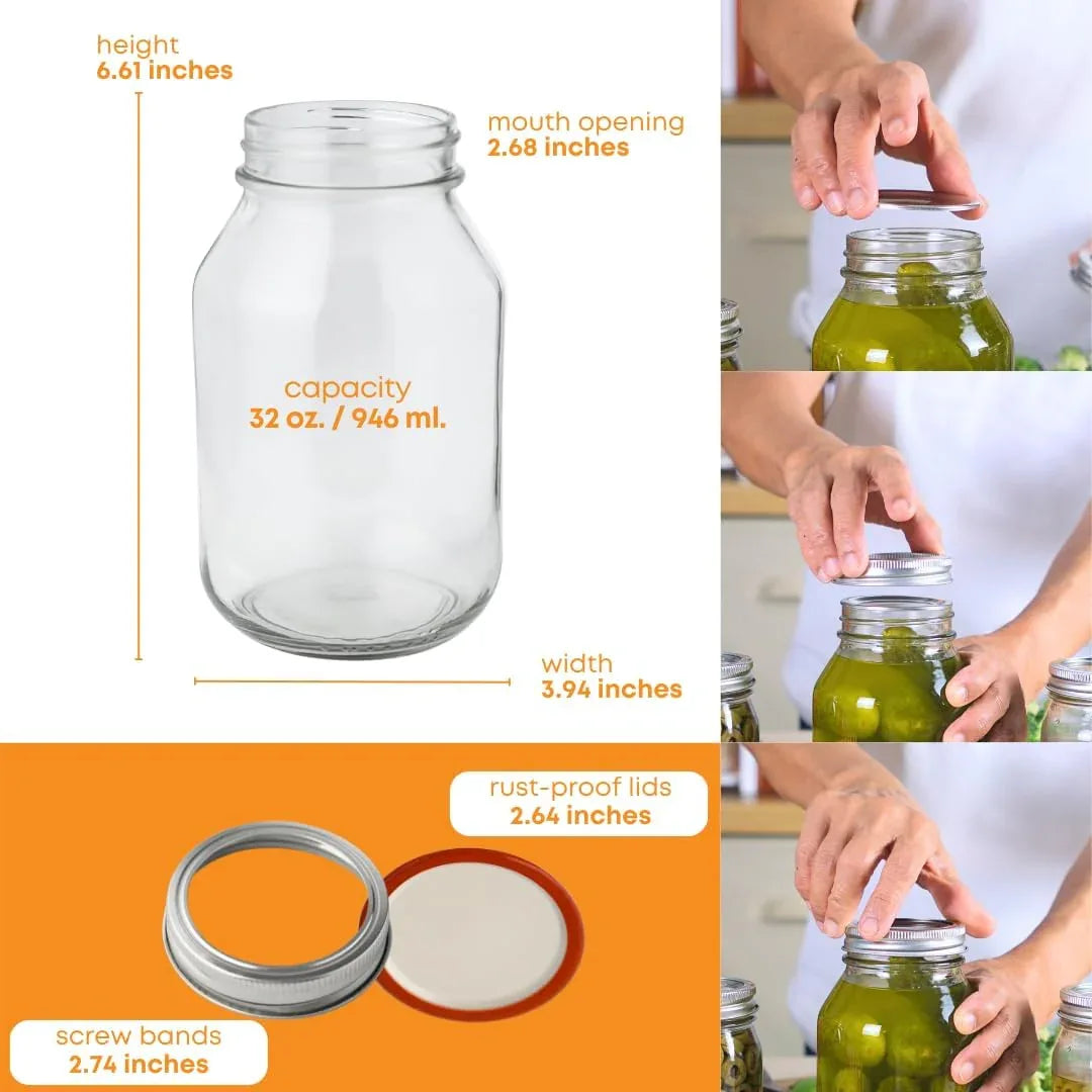 Two 32oz FastRack glass mason jars with metal lids, shown with transparent glass and smooth surface.