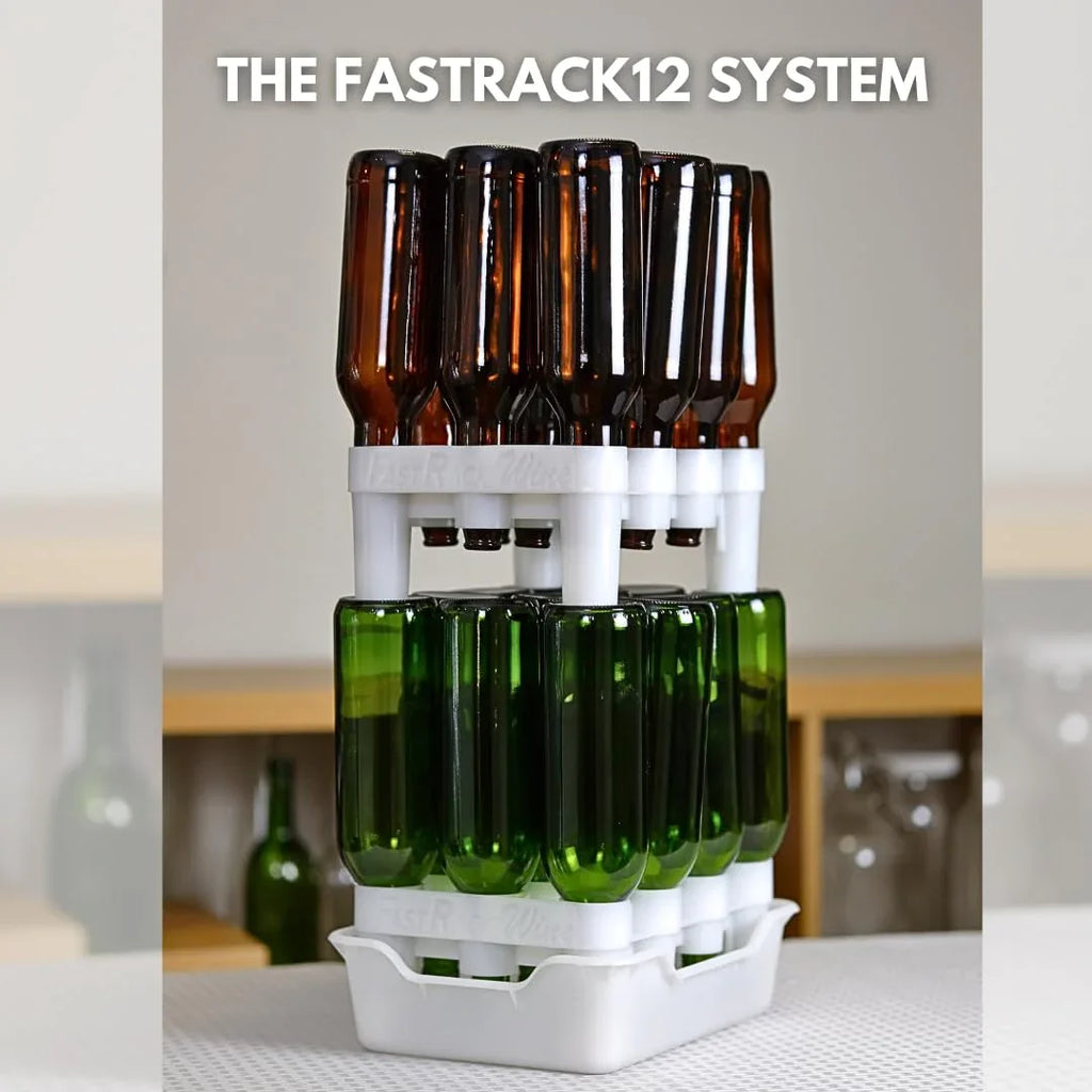 FastRack 12-bottle drying rack with tray, made of stainless steel, holding drying bottles and accessories for kitchen use.